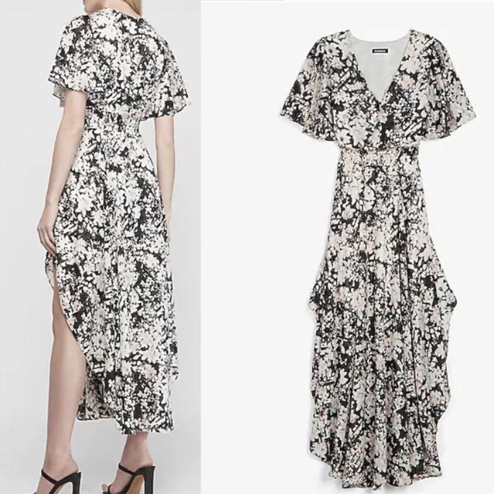 *NEW* Floral-Print Smocked-Waist Handkerchief Flutter-Sleeve Dress - Size XS-XXS
